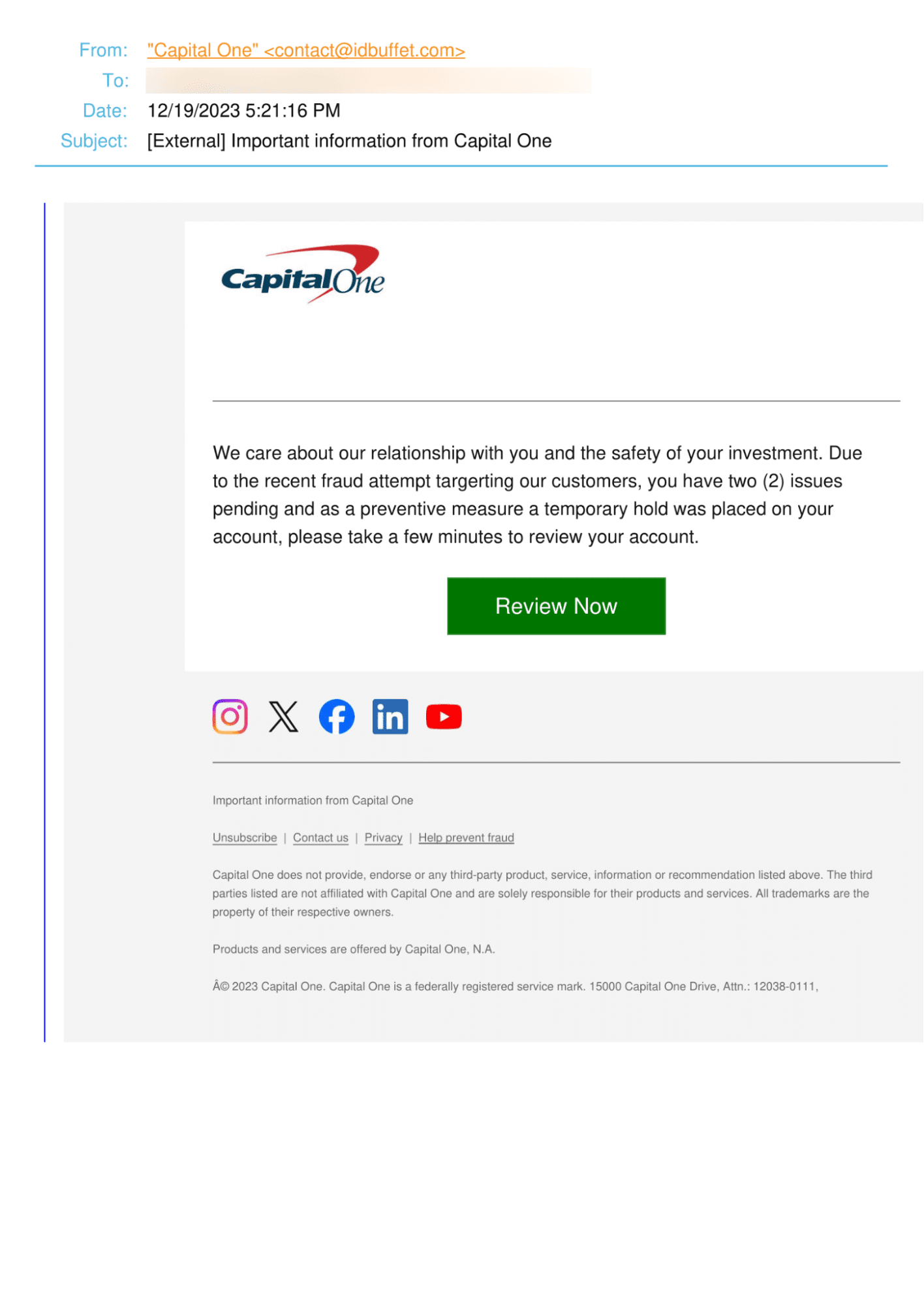 AL Capital One Impersonator Email