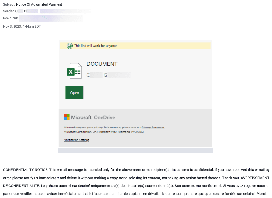 AL Compromised Email Microsoft One Drive Phishing Email