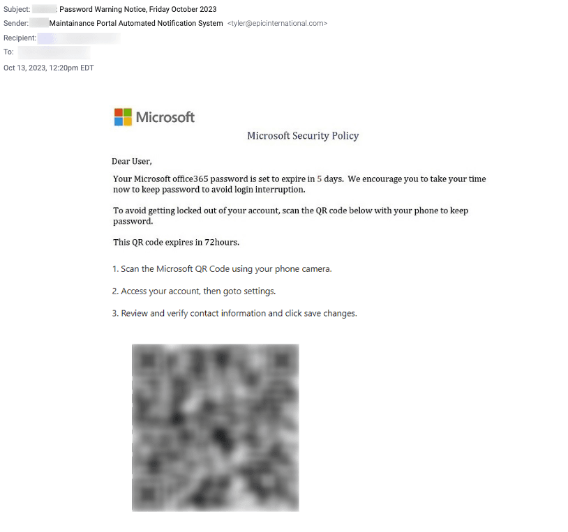 AL Microsoft Impersonator Malicious QR Code Email