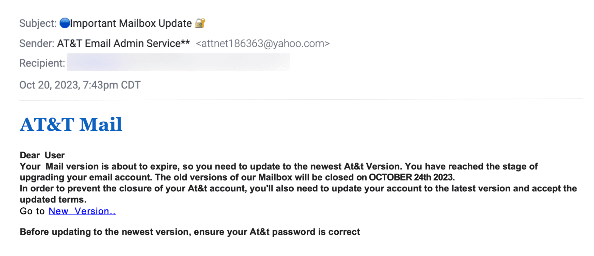 ATT Email Impersonation Attack Email