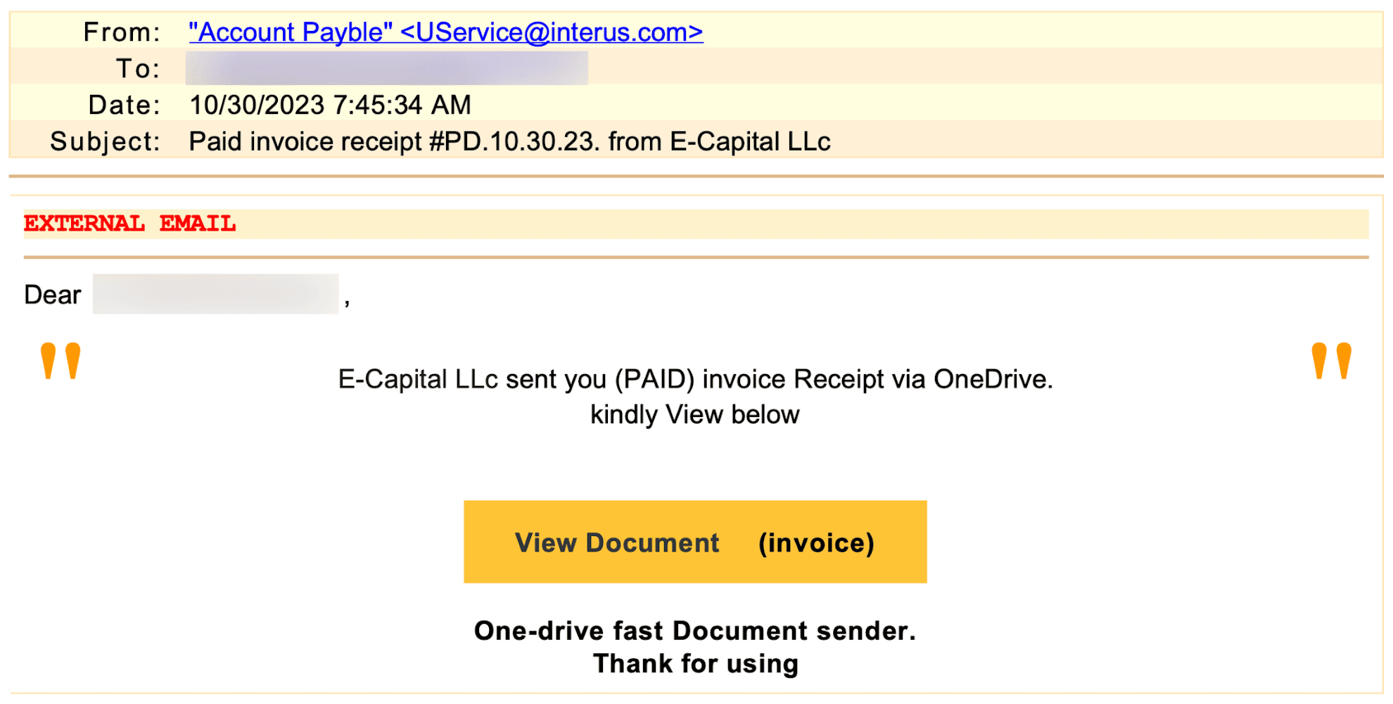 E Capital Impersonation Attack Phishing Email E