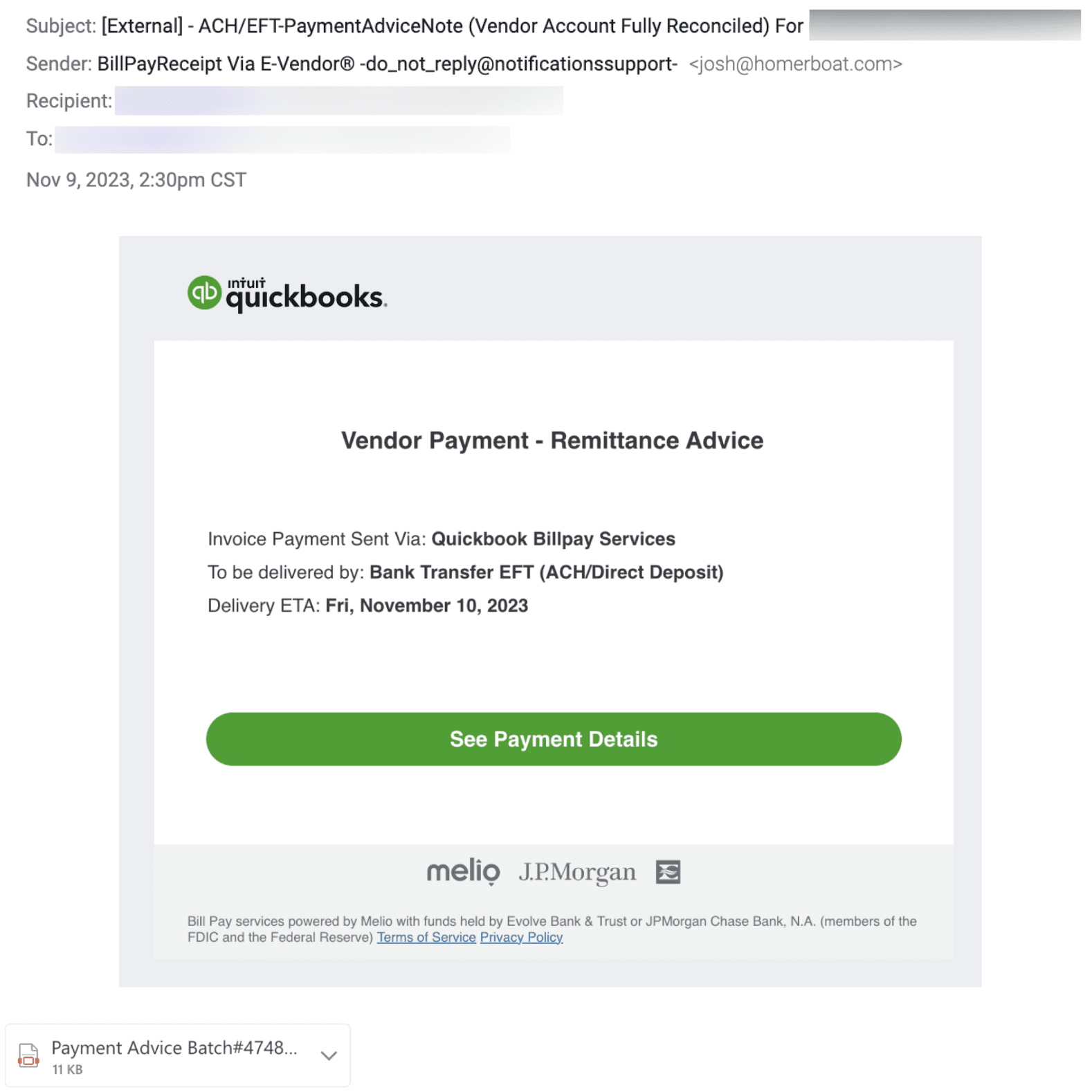 Quickbooks Payment Phishing Attack Email E