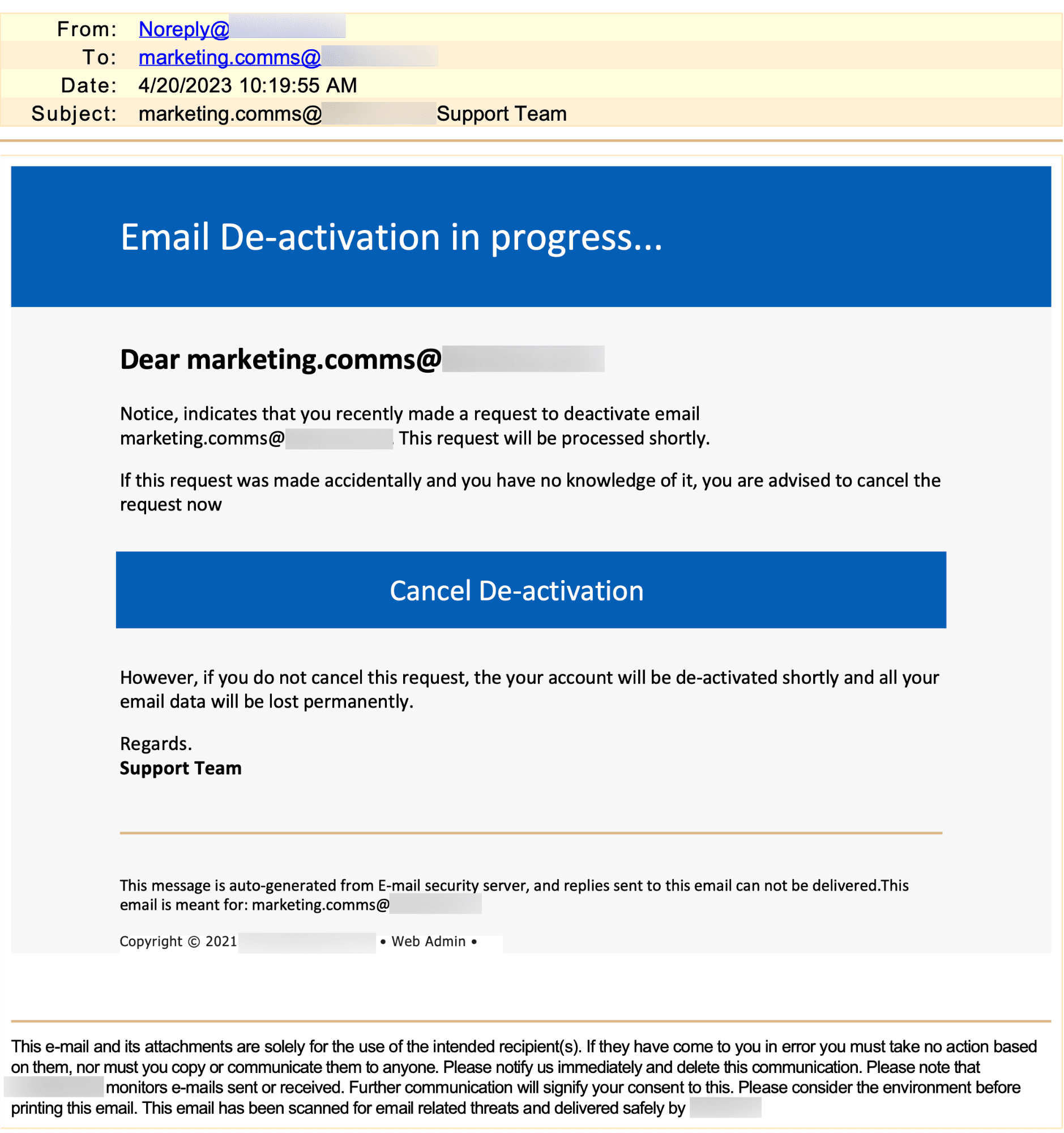 UA Fake Email Deactivation Notice Email E