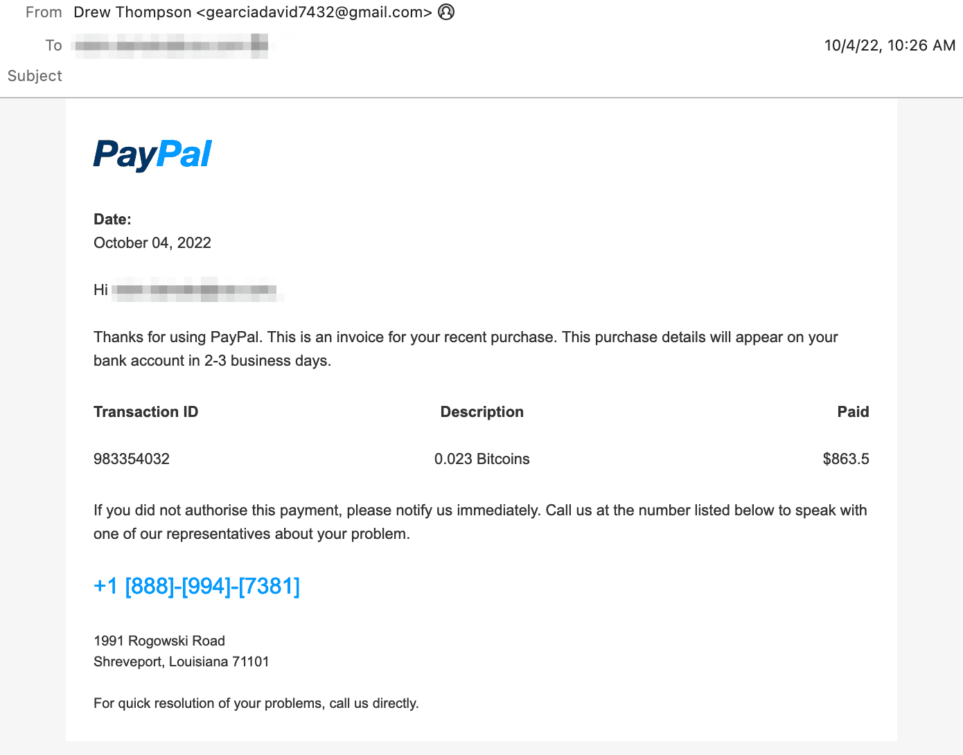 Fake Pay Pal Cryptocurrency Payment Receipt