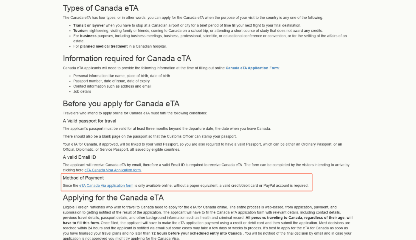 Canadian visa payment method