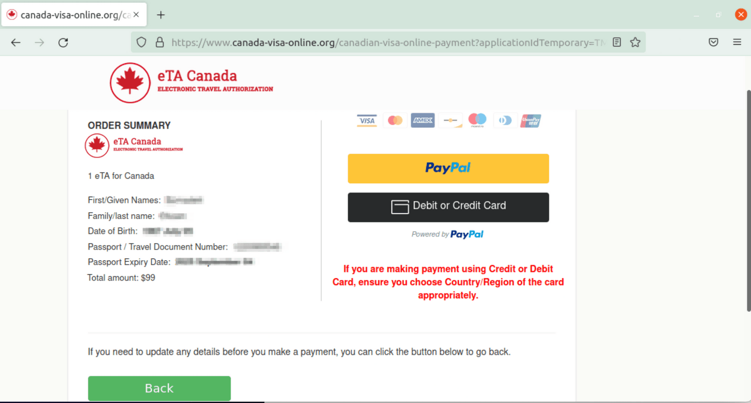 Canadian visa phishing paypal order summary