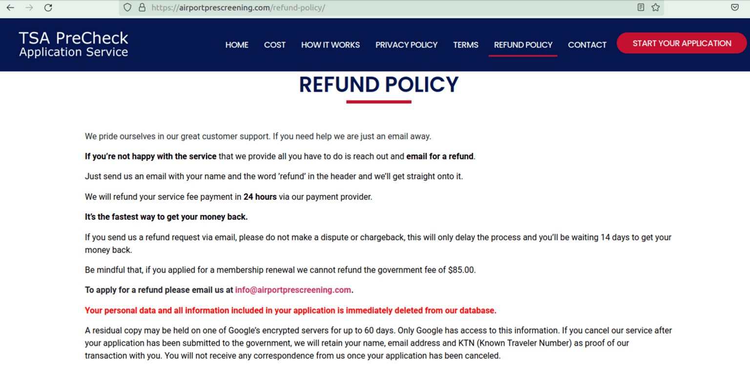 Tsa scam fake refund policy page