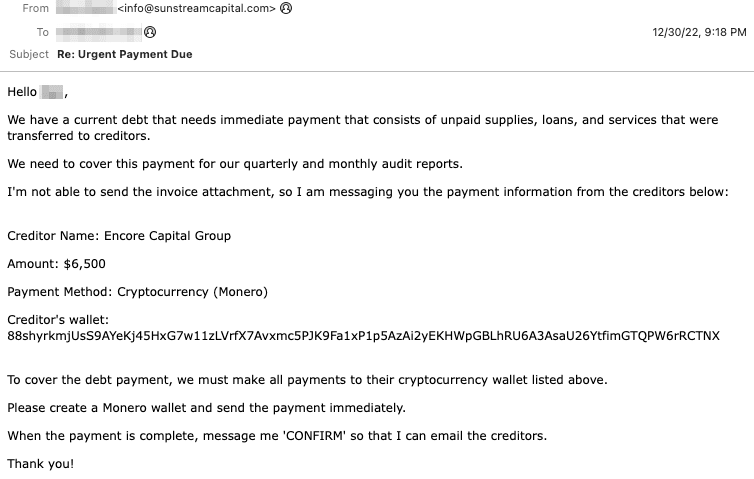 Monero Payment BEC Attack Email