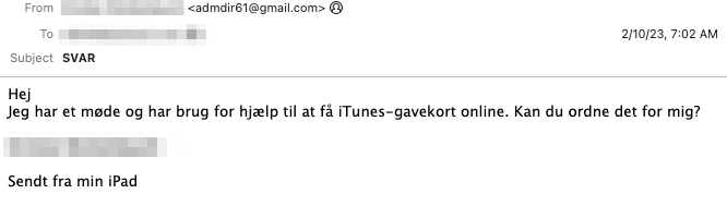 Danish Gift Card BEC Email