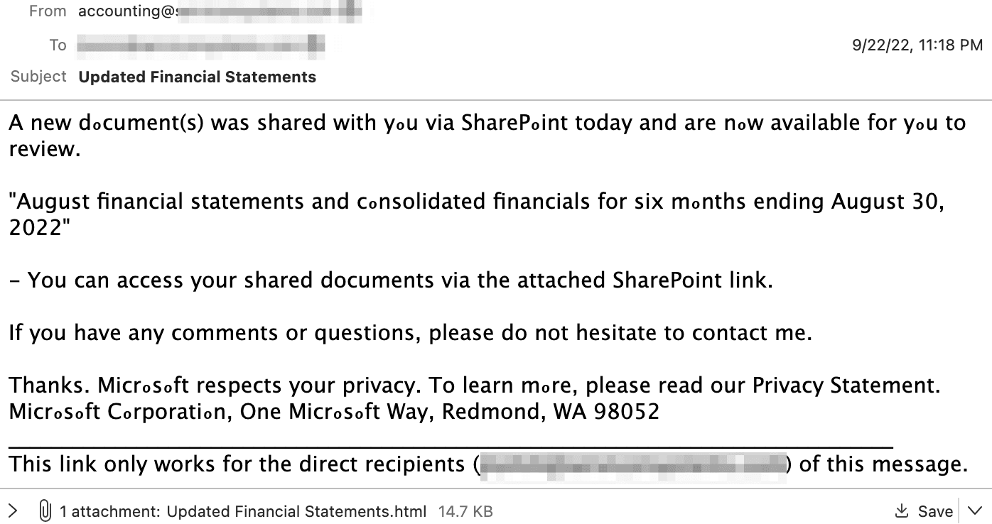 Financial Document Phishing Email
