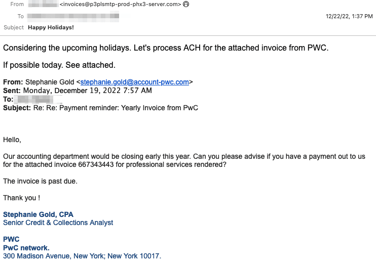 Holiday BEC Attack Email