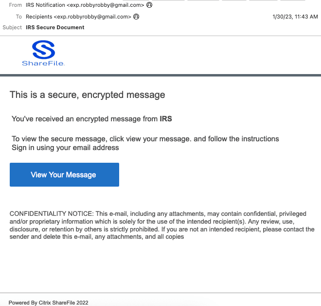 IRS ShareFile Phishing Email