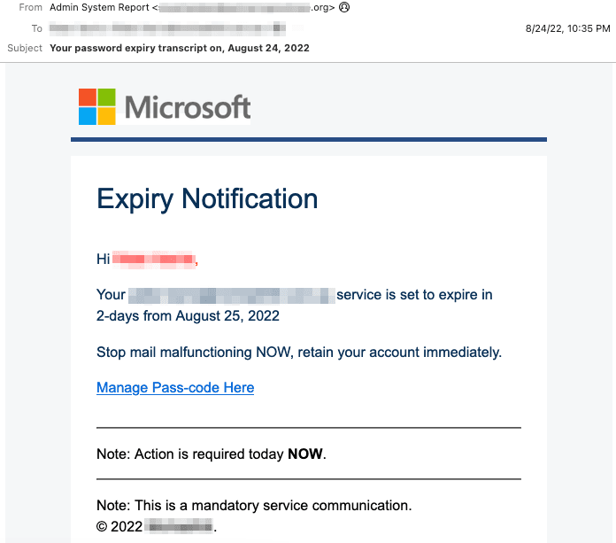 Microsoft Password Expiration Phishing Email