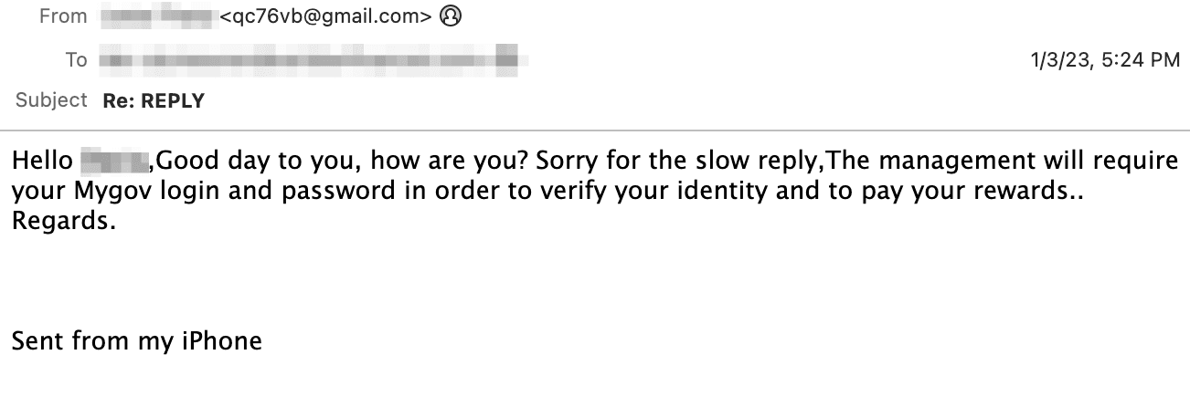 Response-based myGov Credential Phishing Email 2