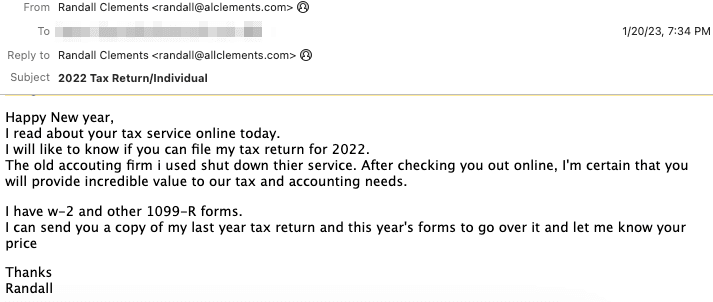 Tax Return Malware Email 1
