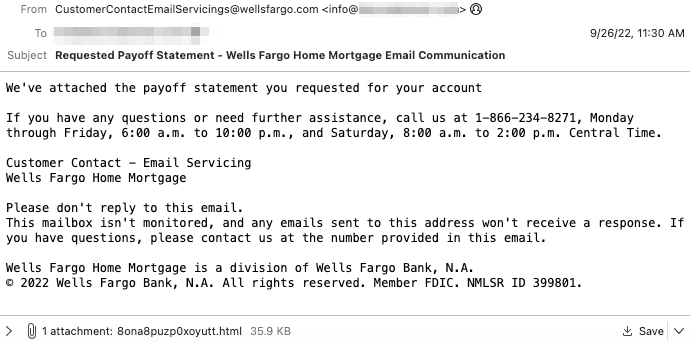 Wells Fargo mortgage payoff phishing email